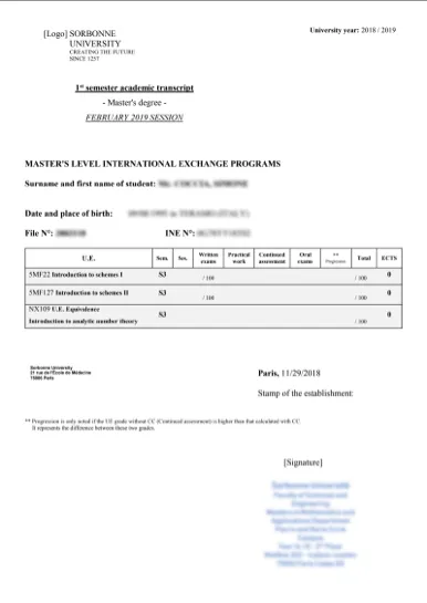 Academic Transcript French to English Sorbonne