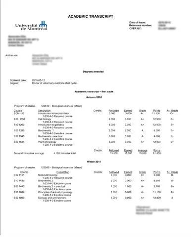 Academic Transcript French to English