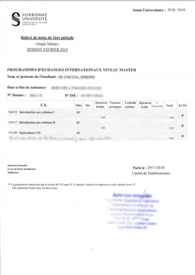 Academic Transcript French to English Sorbonne