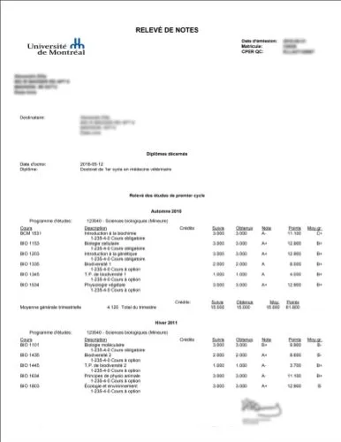 Academic Transcript French to English